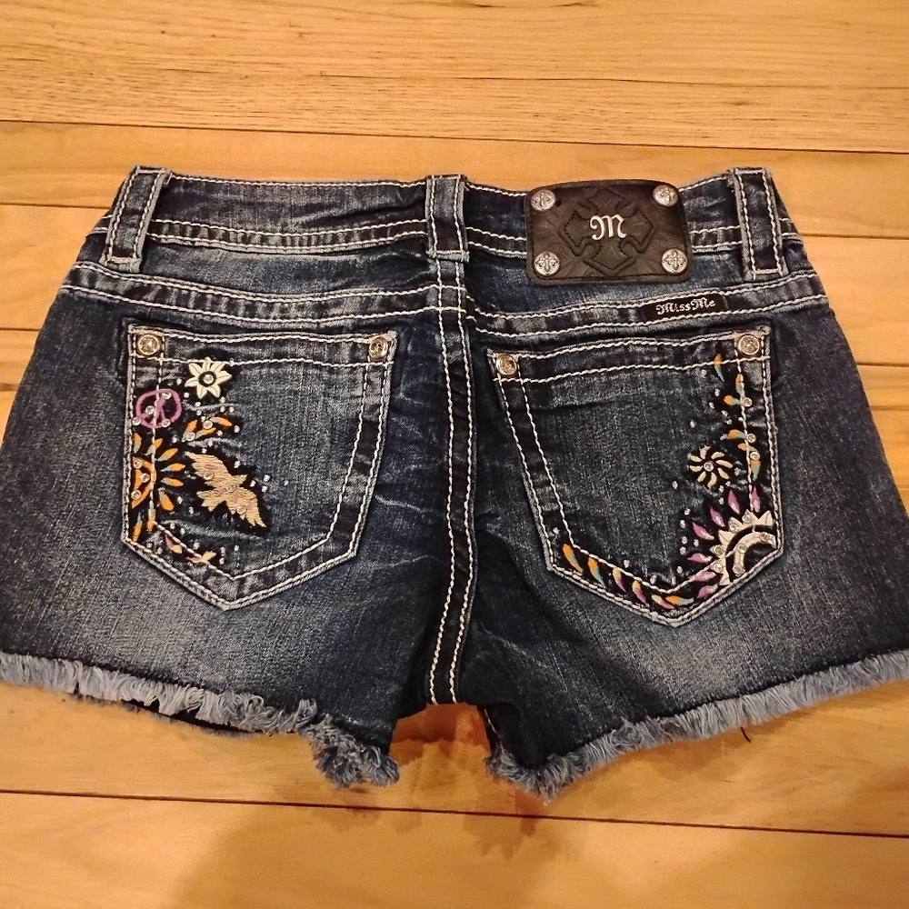 Miss Me Dark Blue Jean Shorts with Colorful Embroidery